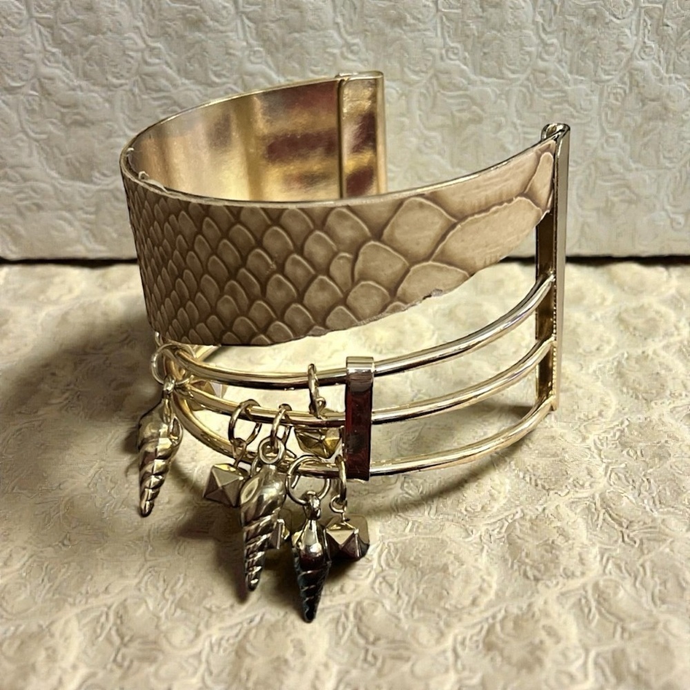 Gold Textured Cuff Bracelet with Charms